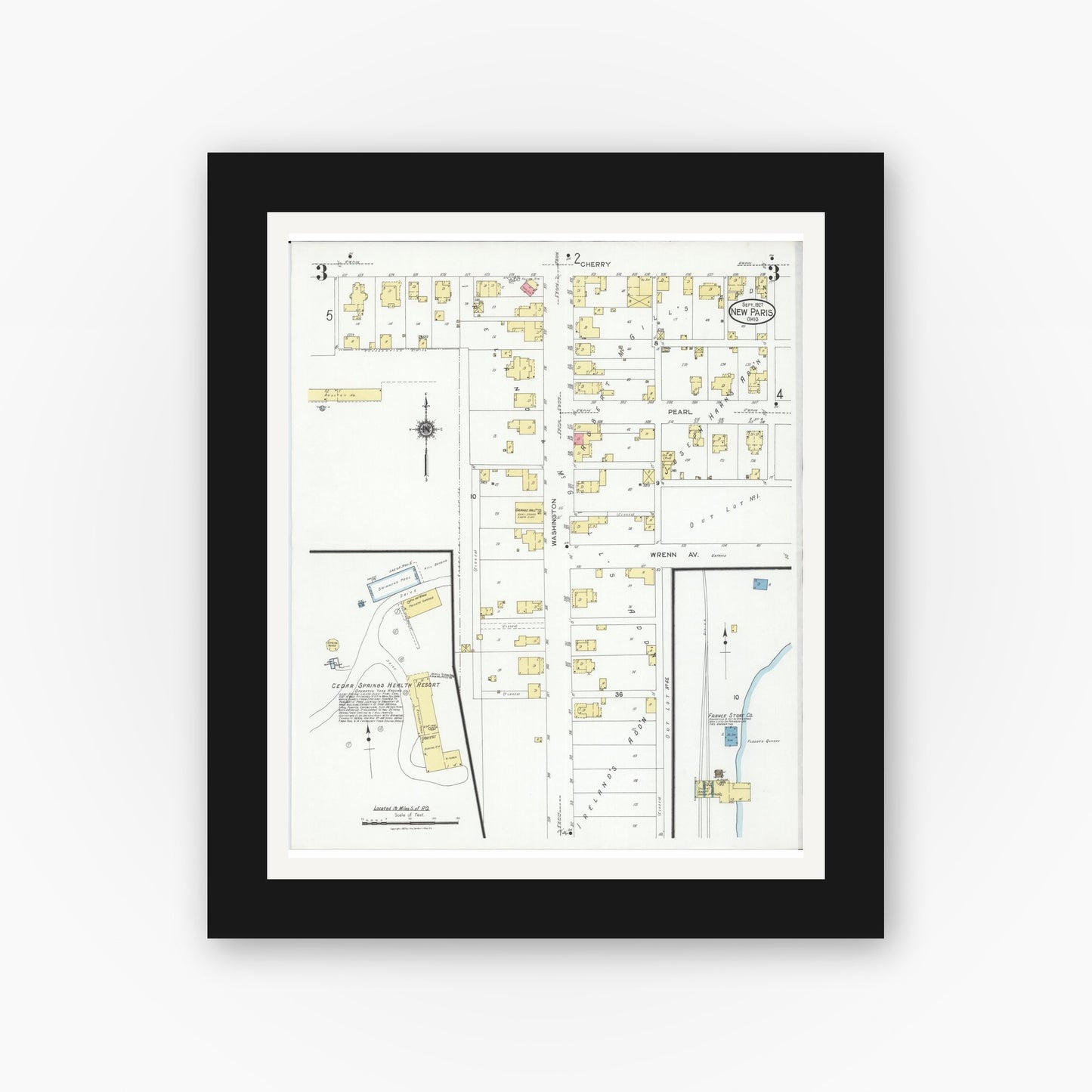 Old map wall art mockup — black gallery frame with white mat — Sanborn Fire Insurance Map from New Paris, Preble County, Ohio (1927), Sheet #0003