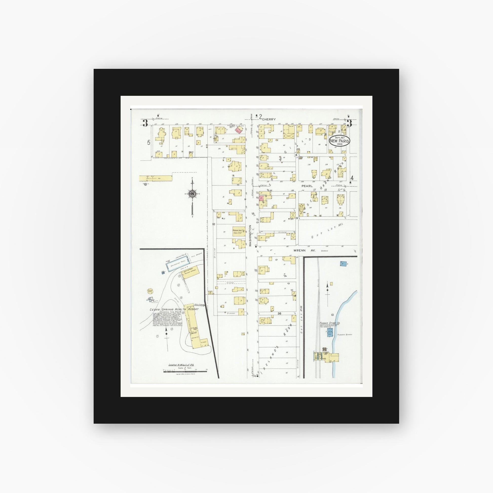 Old map wall art mockup — black gallery frame with white mat — Sanborn Fire Insurance Map from New Paris, Preble County, Ohio (1927), Sheet #0003