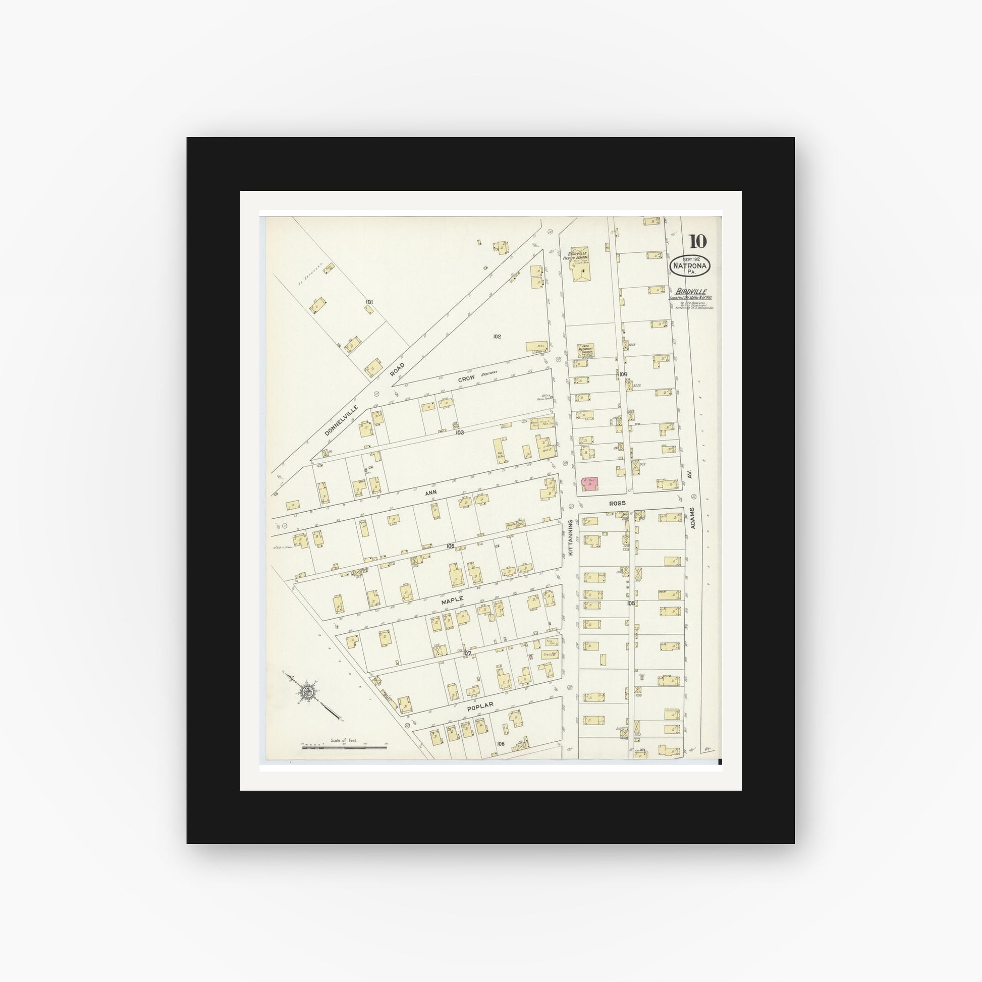 Old map wall art mockup — black gallery frame with white mat — Sanborn Fire Insurance Map from Natrona, Allegheny County, Pennsylvania (1912), Sheet #0010