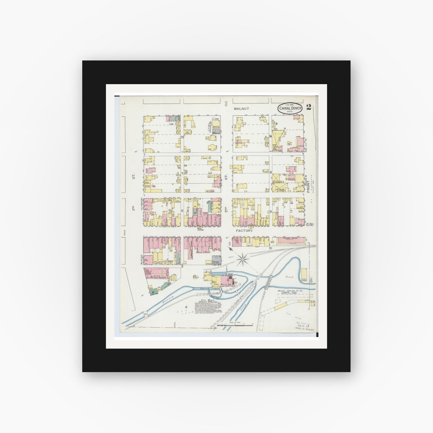 Old map wall art mockup — black gallery frame with white mat — Sanborn Fire Insurance Map from Canal Dover, Tuscarawas County, Ohio (1893), Sheet #0002