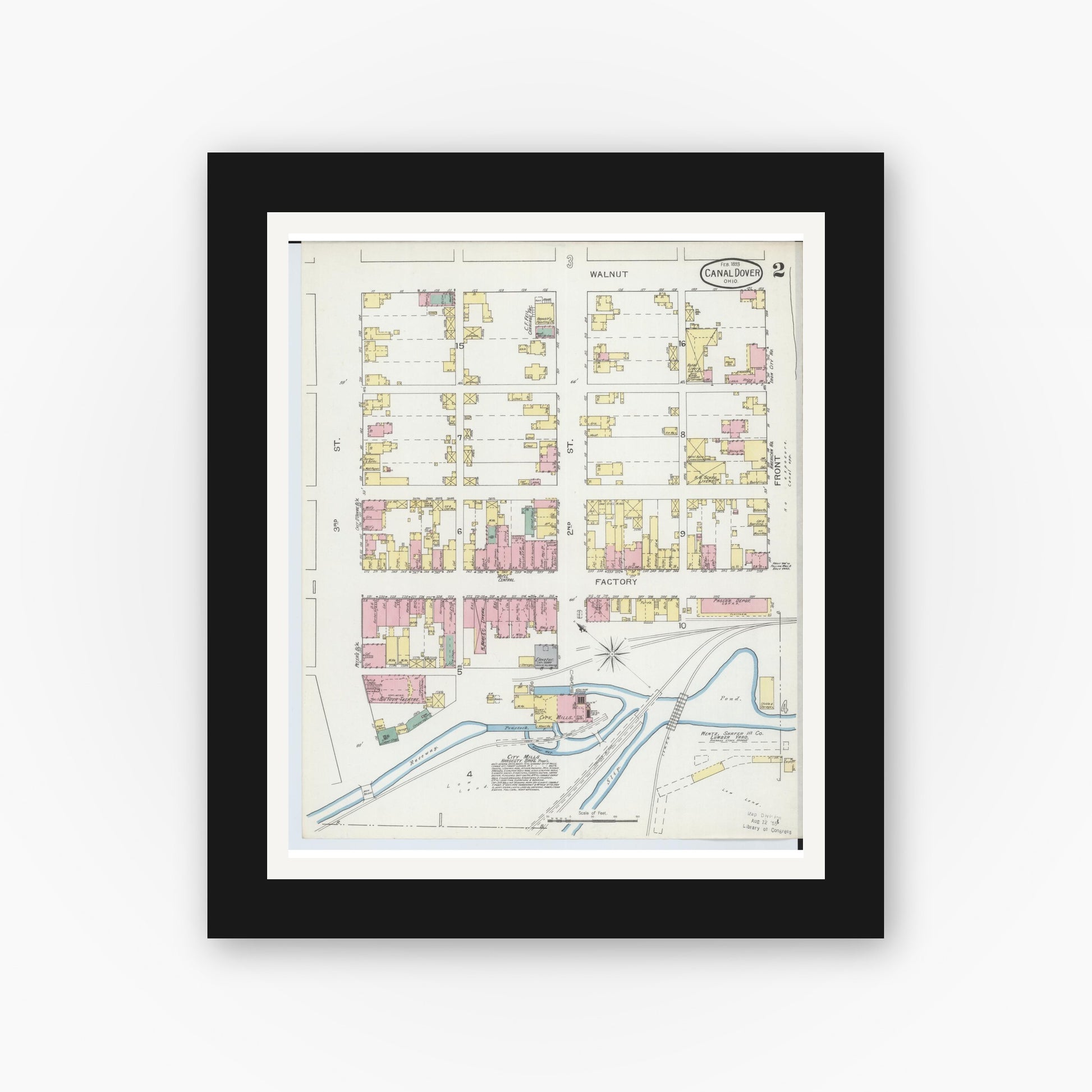 Old map wall art mockup — black gallery frame with white mat — Sanborn Fire Insurance Map from Canal Dover, Tuscarawas County, Ohio (1893), Sheet #0002