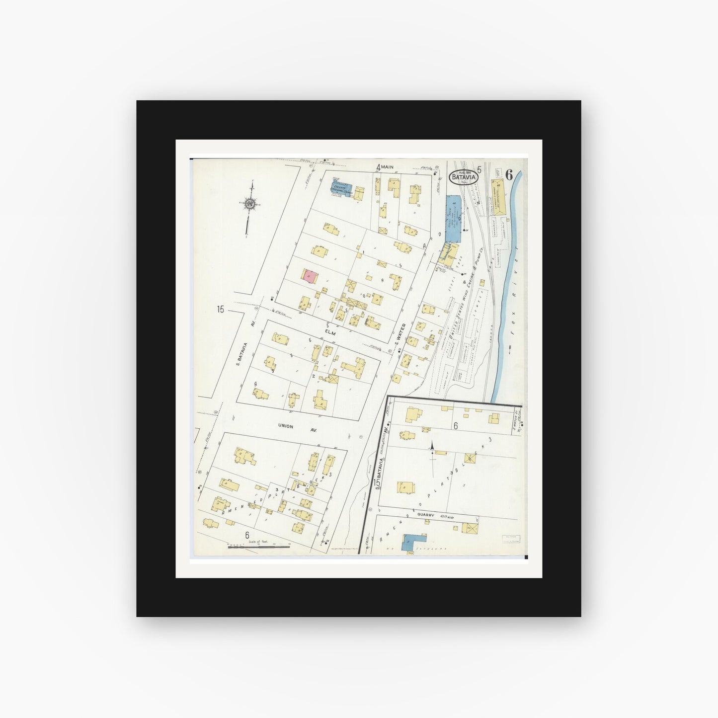 Old map wall art mockup — black gallery frame with white mat — Sanborn Fire Insurance Map from Batavia, Kane County, Illinois (1916), Sheet #0006