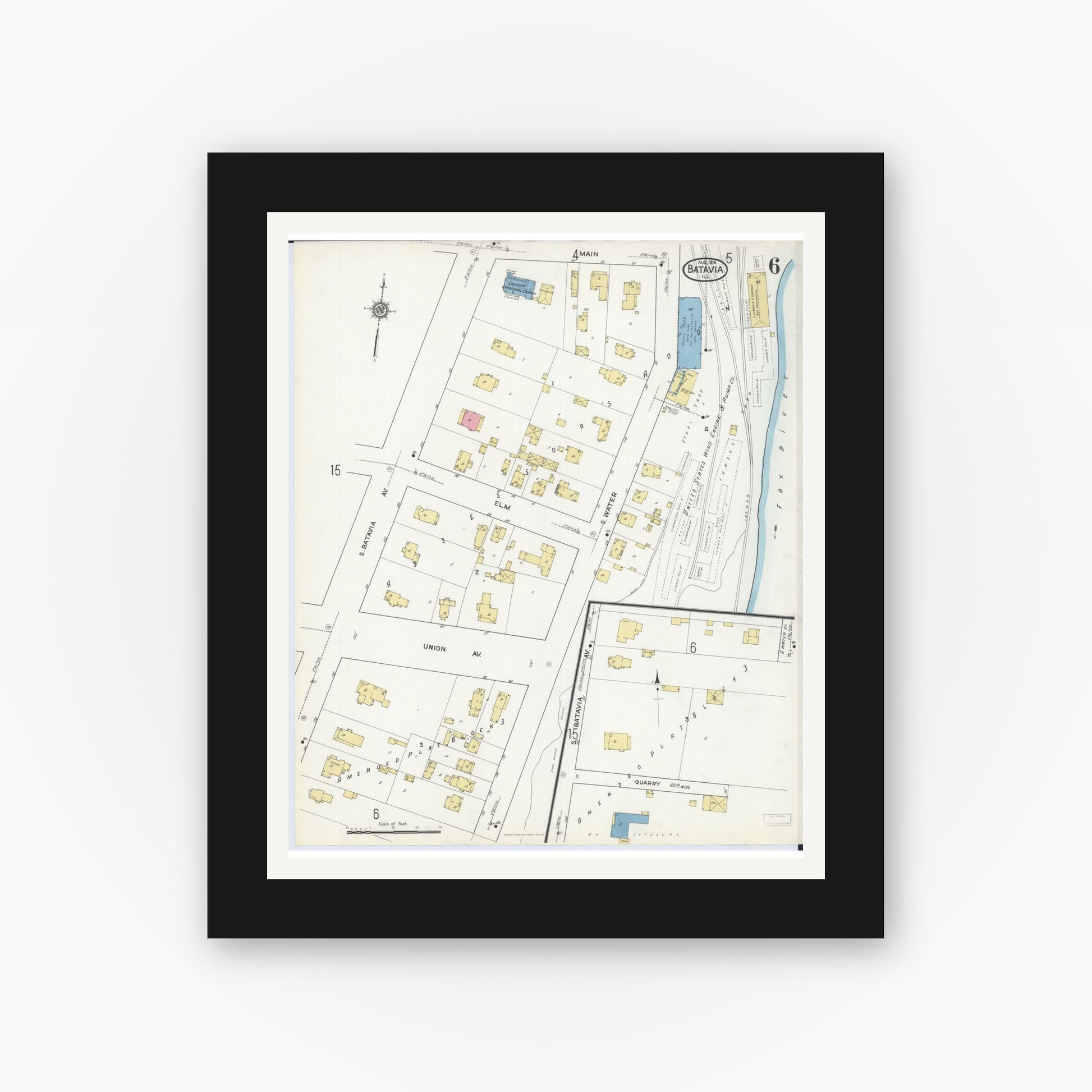 Old map wall art mockup — black gallery frame with white mat — Sanborn Fire Insurance Map from Batavia, Kane County, Illinois (1916), Sheet #0006