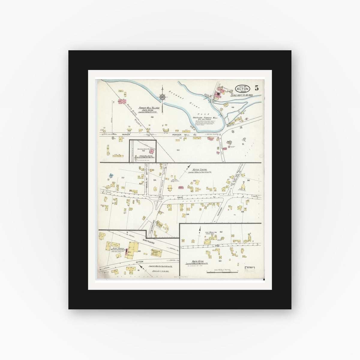 Old map wall art mockup — black gallery frame with white mat — Sanborn Fire Insurance Map from Acton, Middlesex County, Massachusetts (1916), Sheet #0005