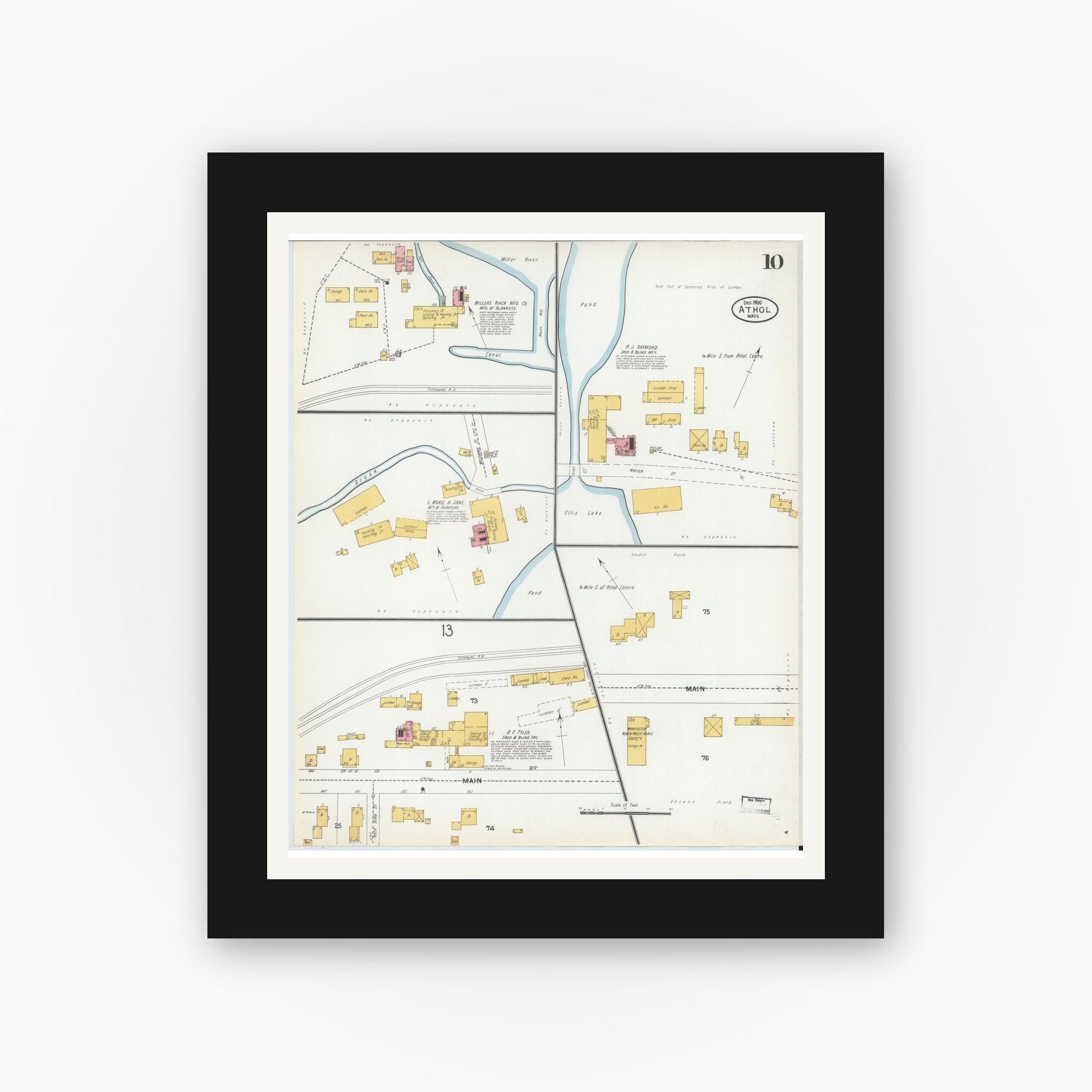 Old map wall art mockup — black gallery frame with white mat — Sanborn Fire Insurance Map from Athol, Worcester County, Massachusetts (1900), Sheet #0010