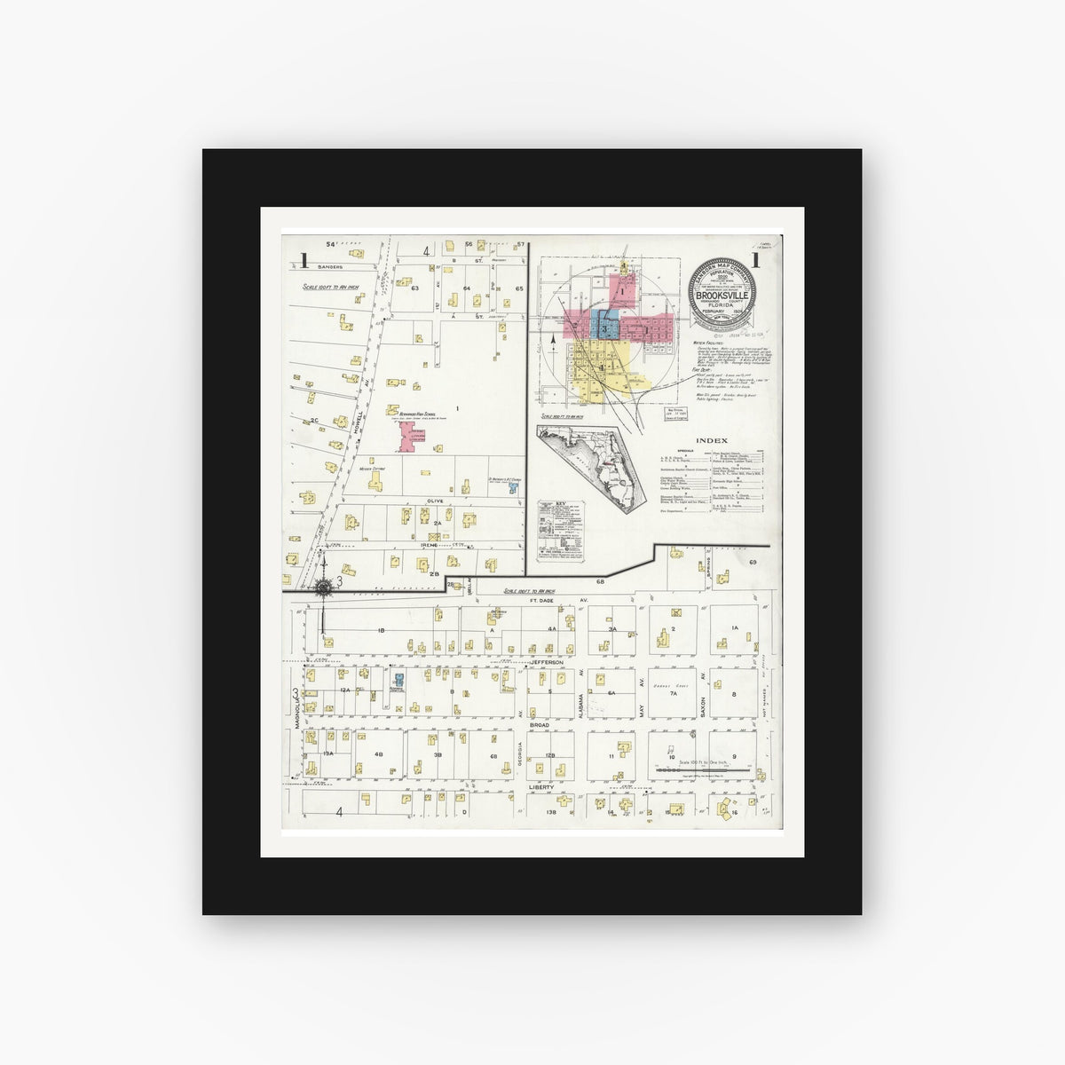 Old map wall art mockup — black gallery frame with white mat — Sanborn Fire Insurance Map from Brooksville, Hernando County, Florida (1924), Sheet #0001