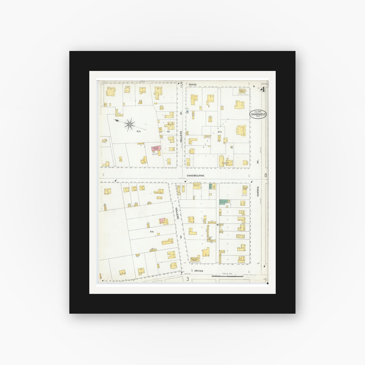 Old map wall art mockup — black gallery frame with white mat — Sanborn Fire Insurance Map from San Angelo, Tom Green County, Texas (1904), Sheet #0004