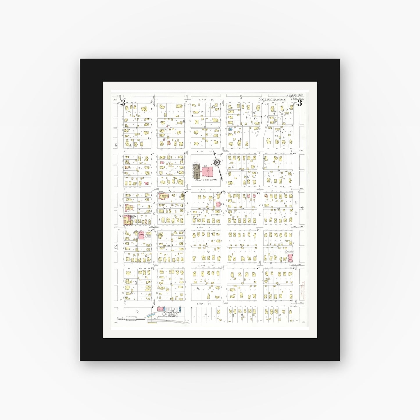 Old map wall art mockup — black gallery frame with white mat — Sanborn Fire Insurance Map from Sheldon, O'Brien County, Iowa (1933), Sheet #0003