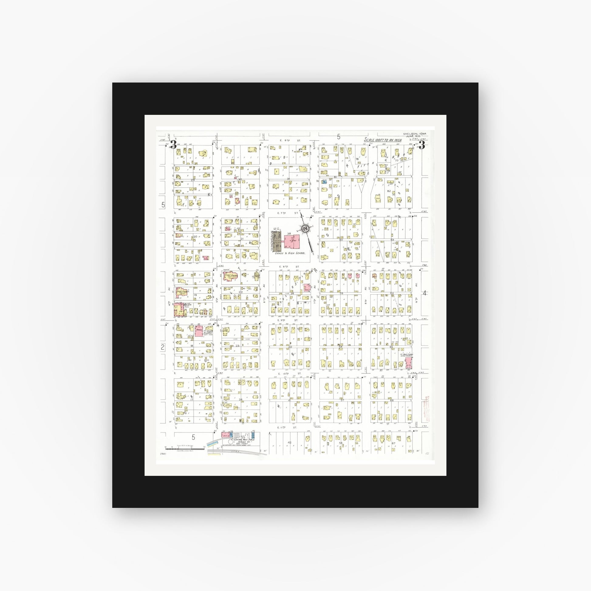 Old map wall art mockup — black gallery frame with white mat — Sanborn Fire Insurance Map from Sheldon, O'Brien County, Iowa (1933), Sheet #0003