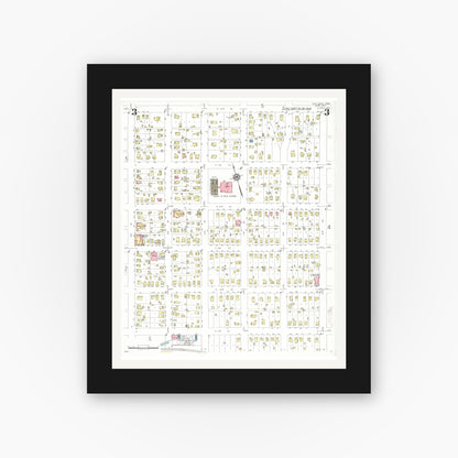 Old map wall art mockup — black gallery frame with white mat — Sanborn Fire Insurance Map from Sheldon, O'Brien County, Iowa (1933), Sheet #0003