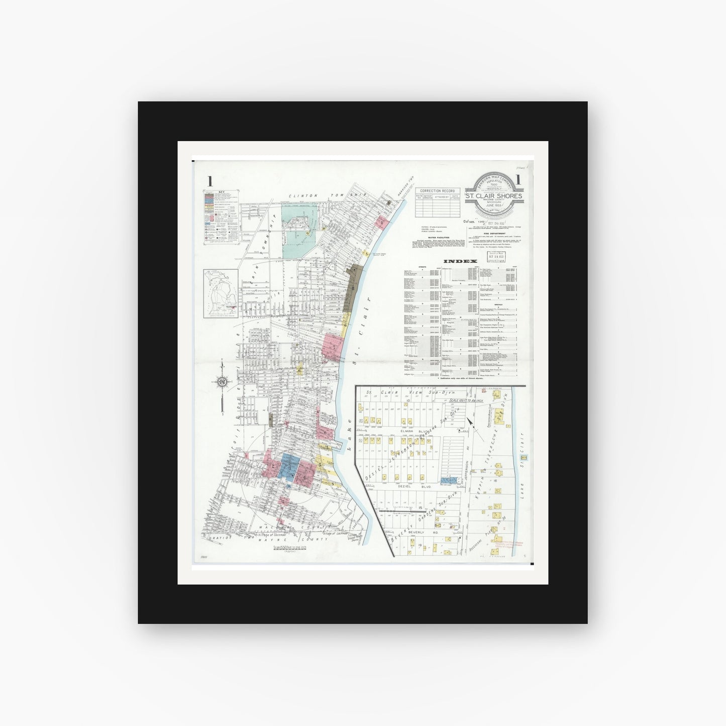 Old map wall art mockup — black gallery frame with white mat — Sanborn Fire Insurance Map from Saint Clair Shores, Macomb County, Michigan (1933) - Complete Map Set