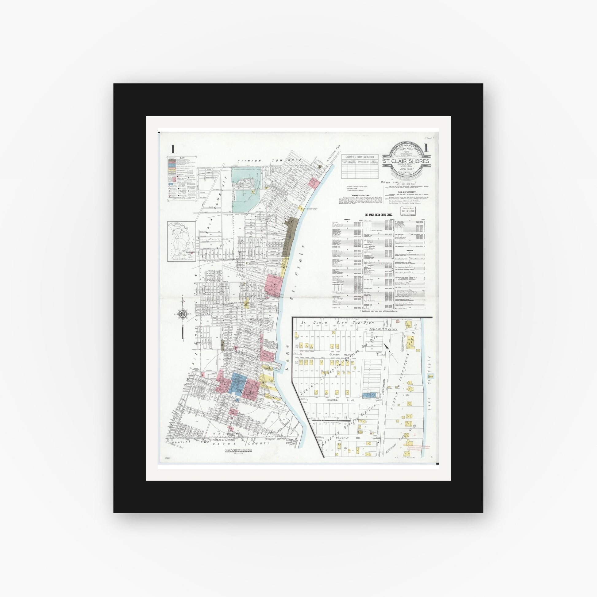 Old map wall art mockup — black gallery frame with white mat — Sanborn Fire Insurance Map from Saint Clair Shores, Macomb County, Michigan (1933) - Complete Map Set