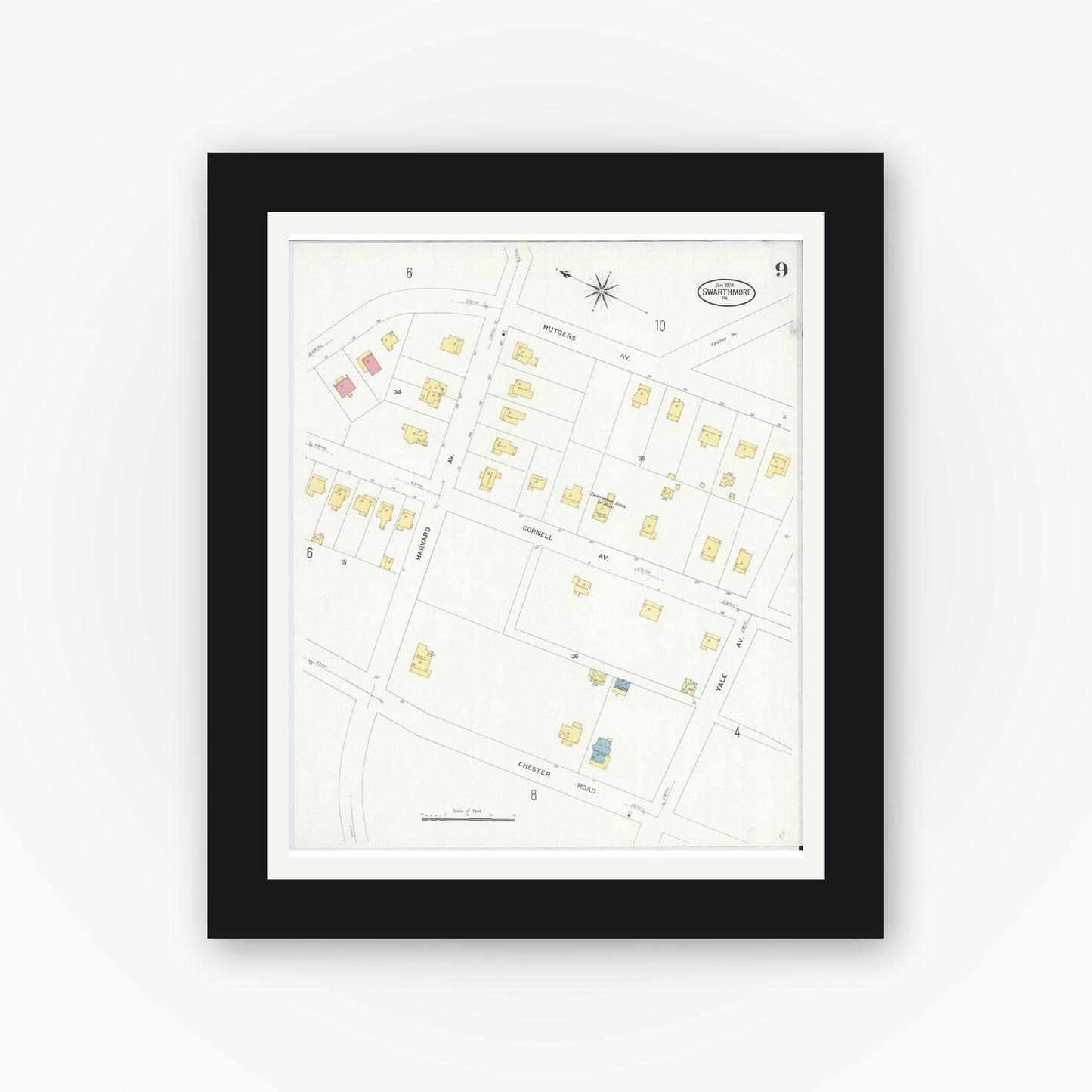 Old map wall art mockup — black gallery frame with white mat — Sanborn Fire Insurance Map from Swarthmore, Delaware County, Pennsylvania (1909), Sheet #0009