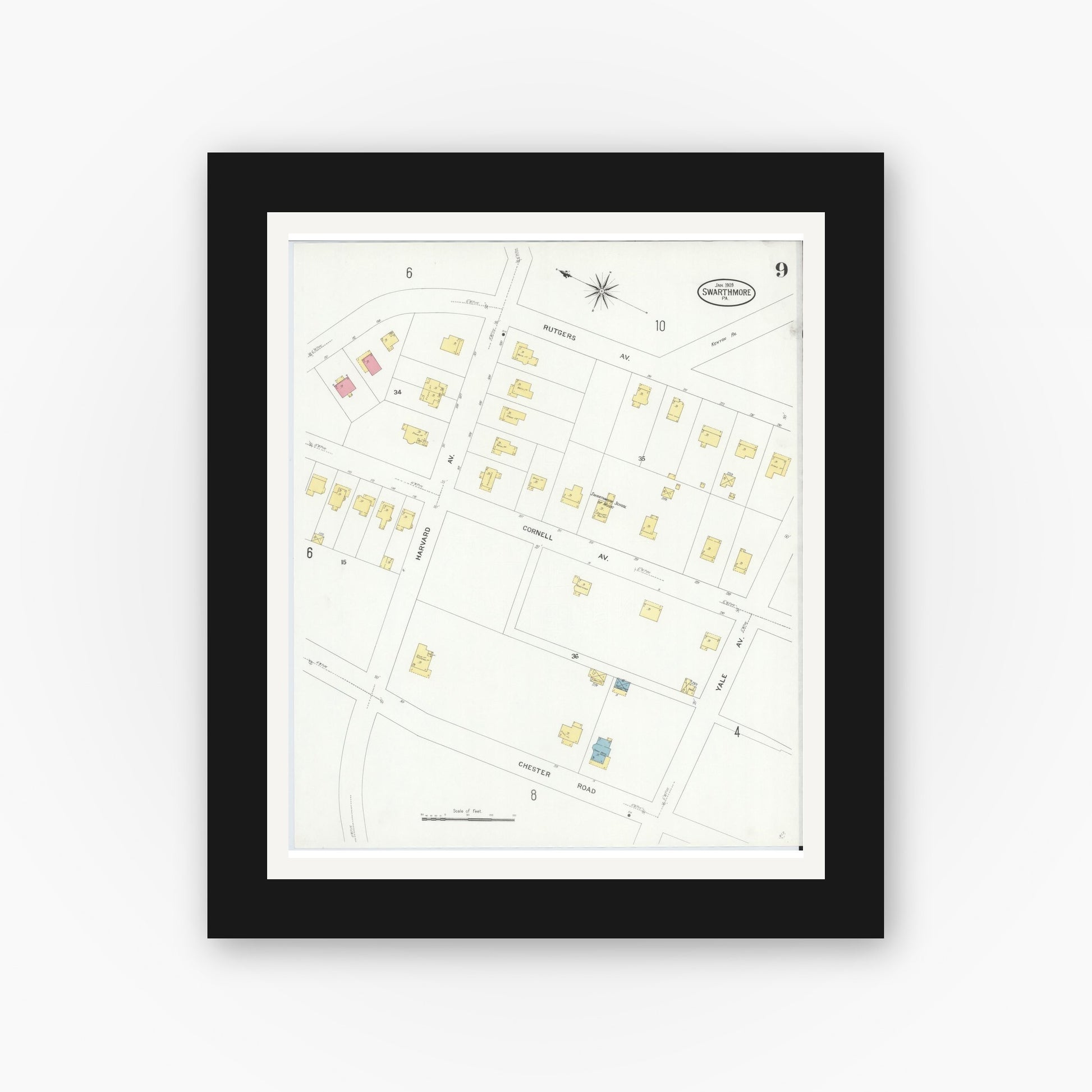 Old map wall art mockup — black gallery frame with white mat — Sanborn Fire Insurance Map from Swarthmore, Delaware County, Pennsylvania (1909), Sheet #0009