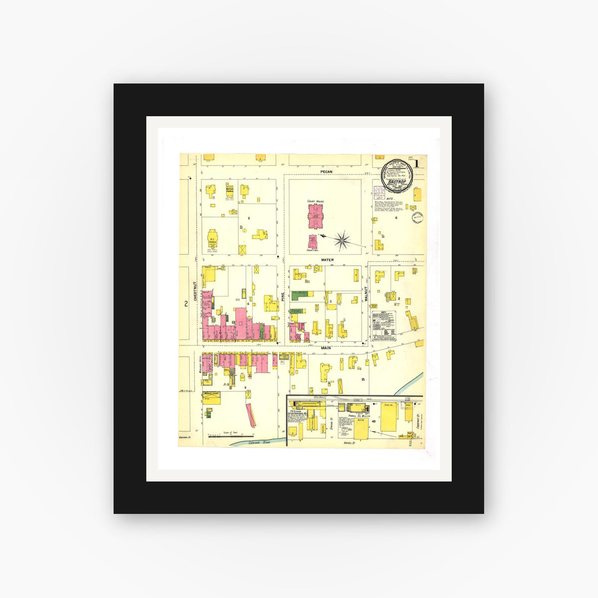 Old map wall art mockup — black gallery frame with white mat — Sanborn Fire Insurance Map from Bastrop, Bastrop County, Texas (1901), Sheet #0001
