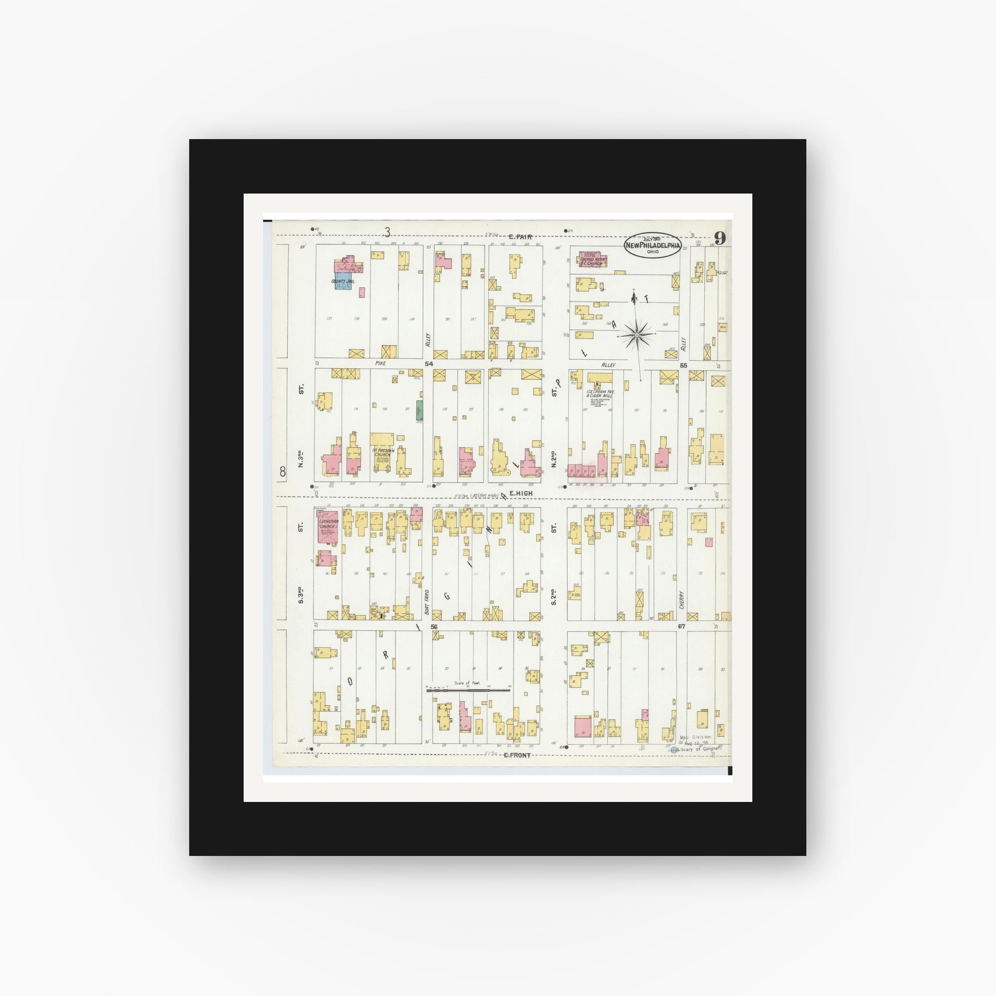 Old map wall art mockup — black gallery frame with white mat — Sanborn Fire Insurance Map from New Philadelphia, Tuscarawas County, Ohio (1901), Sheet #0009