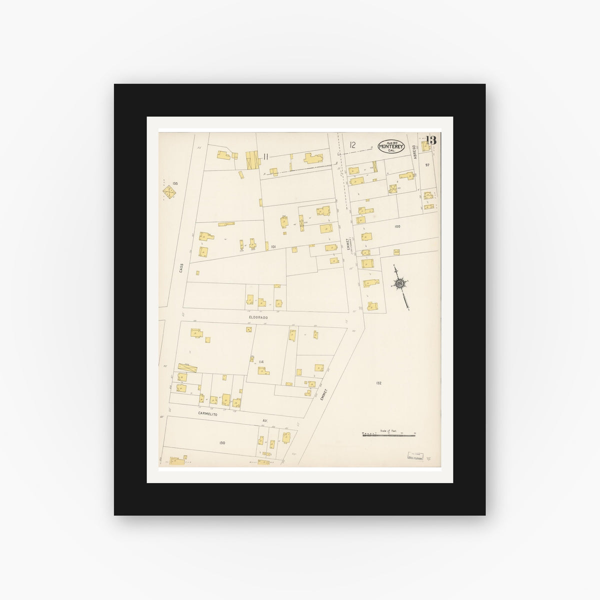 Old map wall art mockup — black gallery frame with white mat — Sanborn Fire Insurance Map from Monterey, Monterey County, California (1912), Sheet #0013