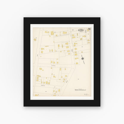 Old map wall art mockup — black gallery frame with white mat — Sanborn Fire Insurance Map from Monterey, Monterey County, California (1912), Sheet #0013