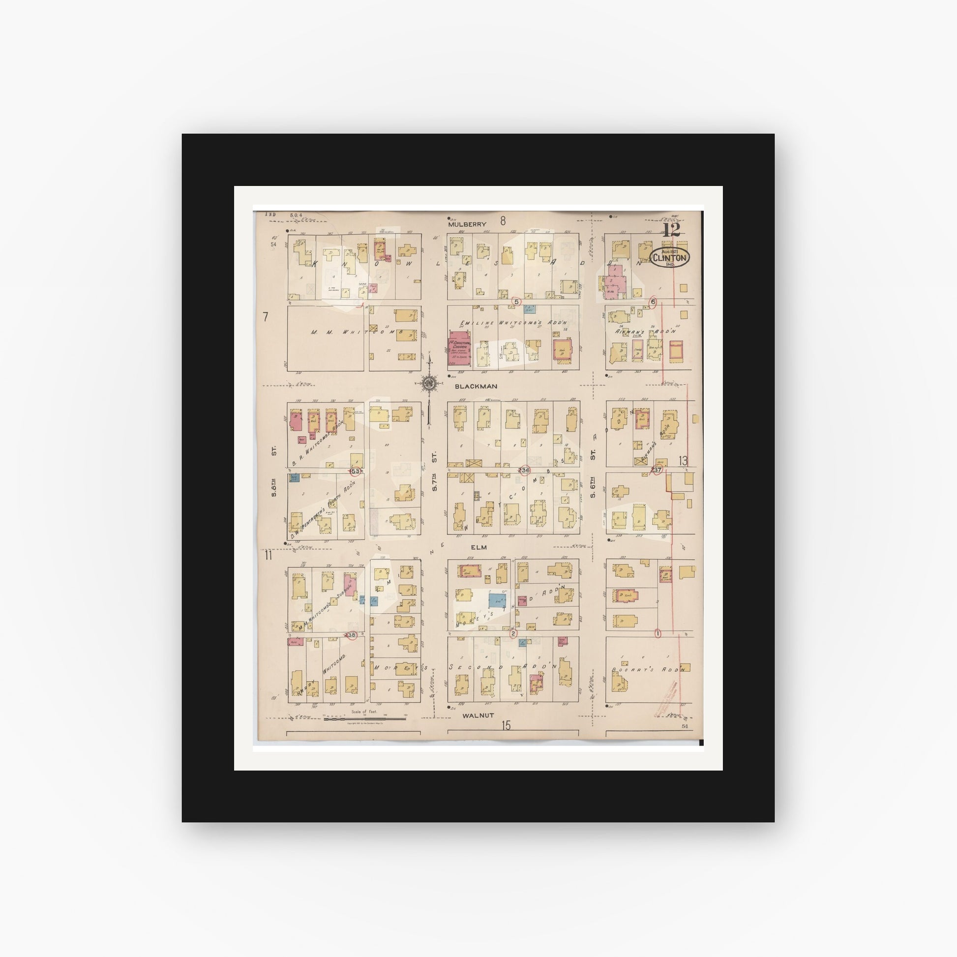Old map wall art mockup — black gallery frame with white mat — Sanborn Fire Insurance Map from Clinton, Vermillion County, Indiana (1947), Sheet #0012