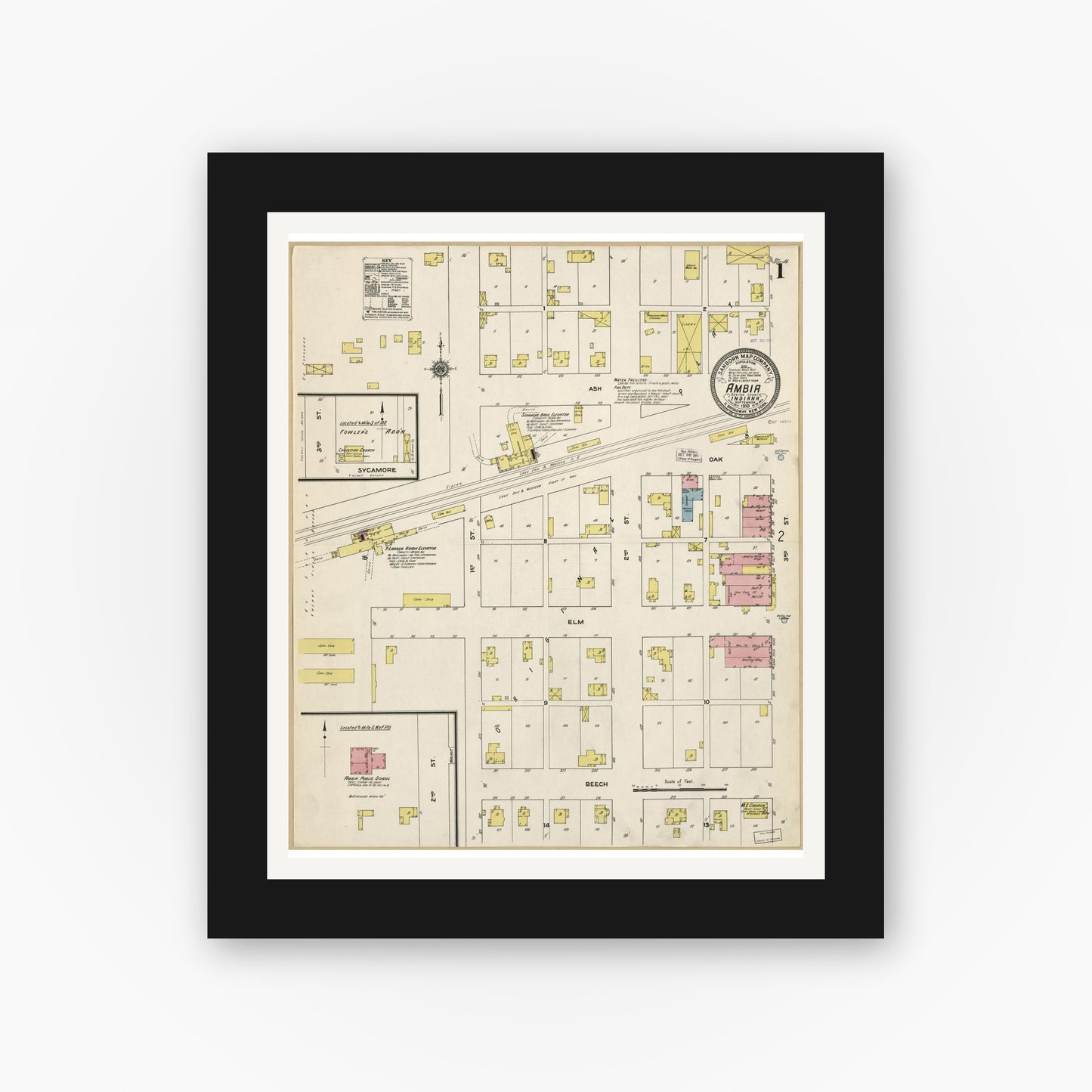 Old map wall art mockup — black gallery frame with white mat — Sanborn Fire Insurance Map from Ambia, Benton County, Indiana (1910), Sheet #0001