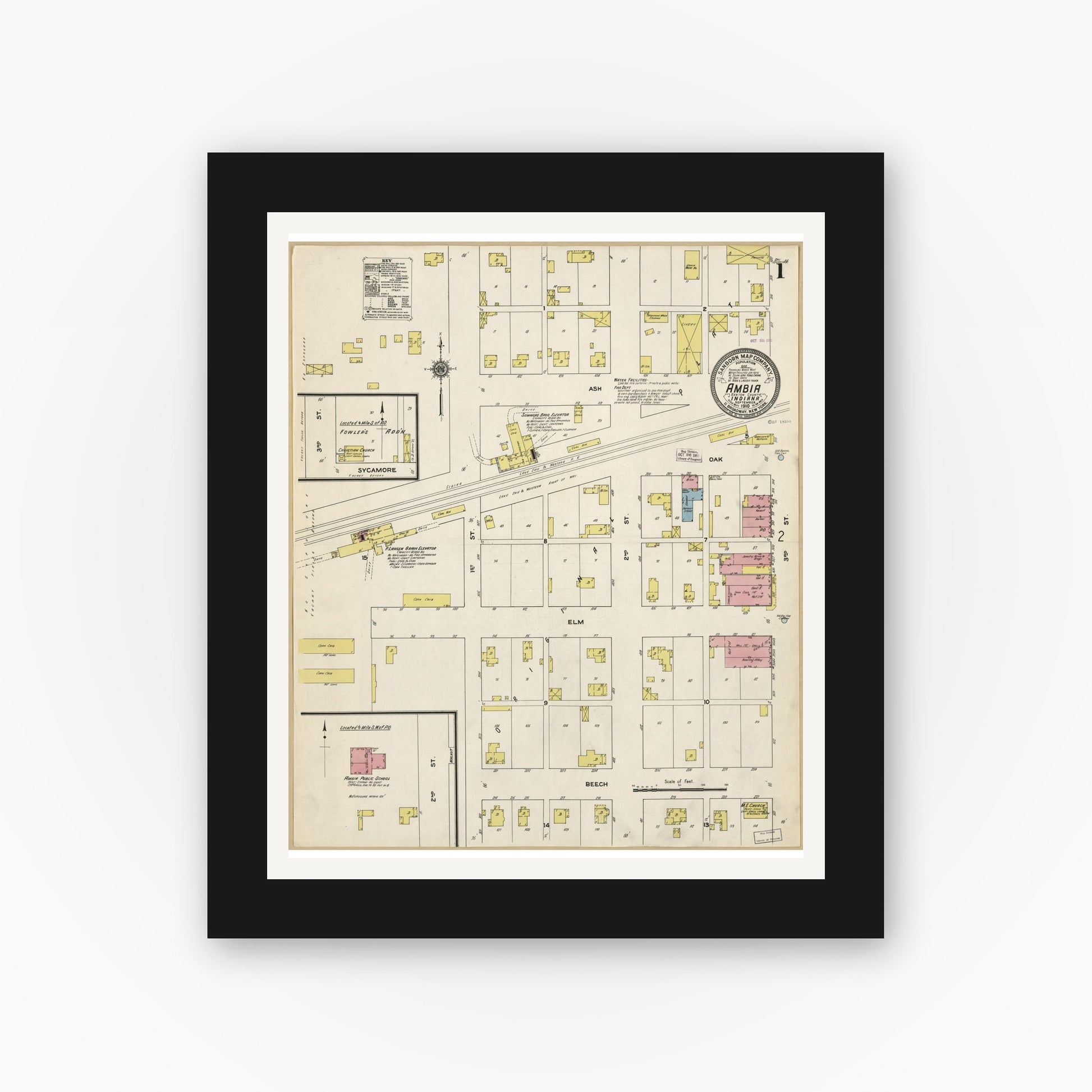 Old map wall art mockup — black gallery frame with white mat — Sanborn Fire Insurance Map from Ambia, Benton County, Indiana (1910), Sheet #0001