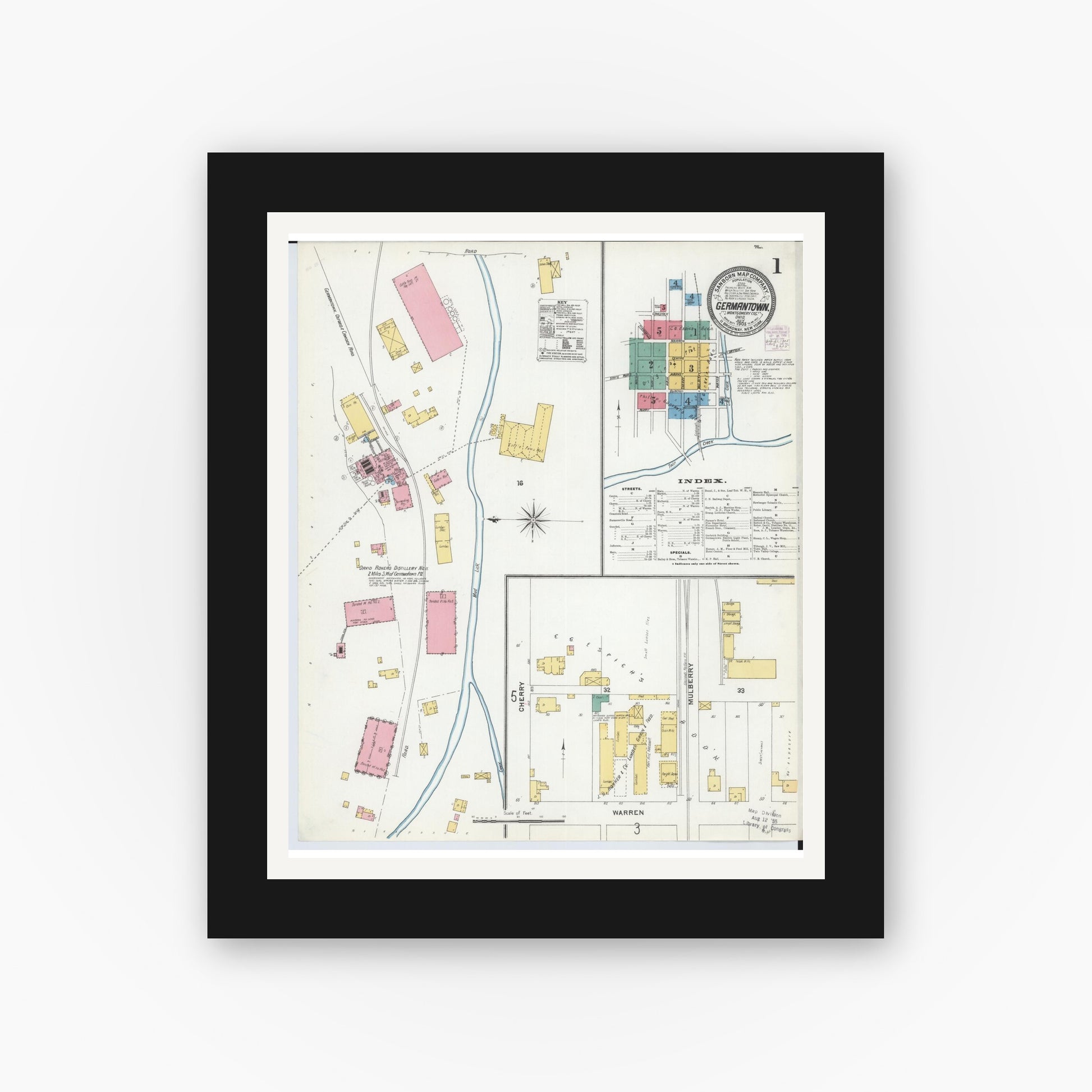 Old map wall art mockup — black gallery frame with white mat — Sanborn Fire Insurance Map from Germantown, Montgomery County, Ohio (1905) - Complete Map Set