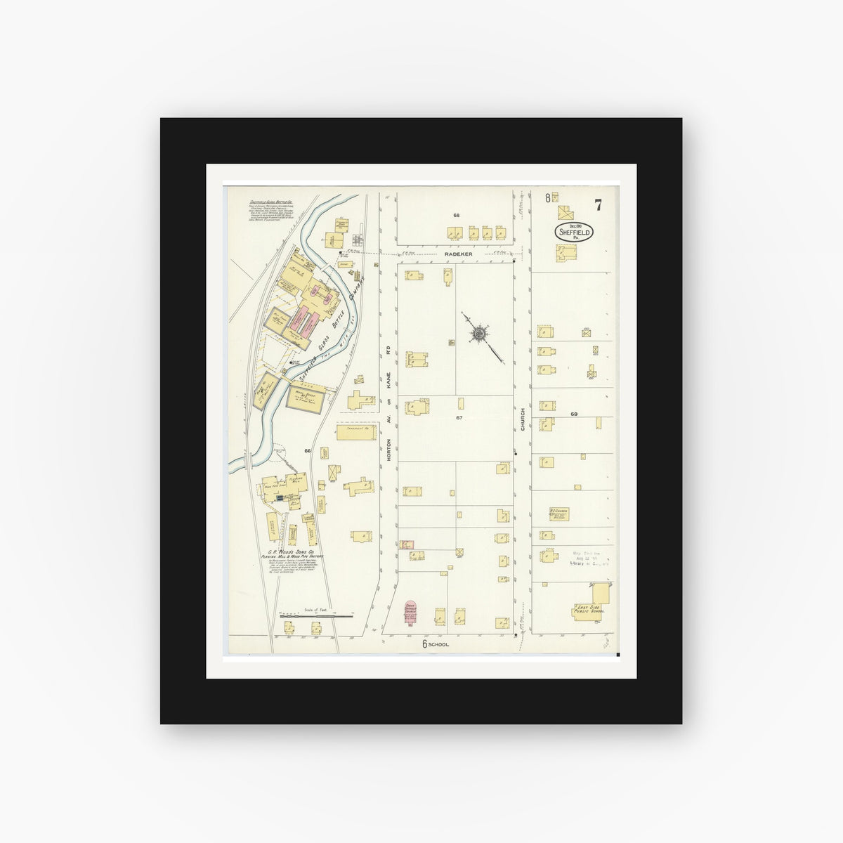 Old map wall art mockup — black gallery frame with white mat — Sanborn Fire Insurance Map from Sheffield, Warren County, Pennsylvania (1910), Sheet #0007