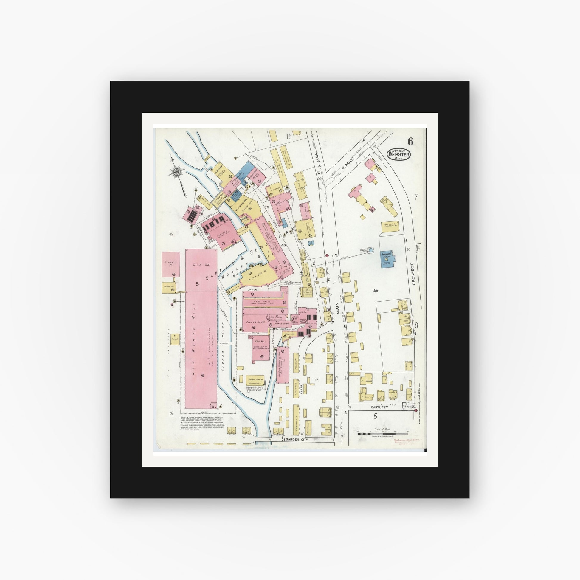 Old map wall art mockup — black gallery frame with white mat — Sanborn Fire Insurance Map from Webster, Worcester County, Massachusetts (1920), Sheet #0006