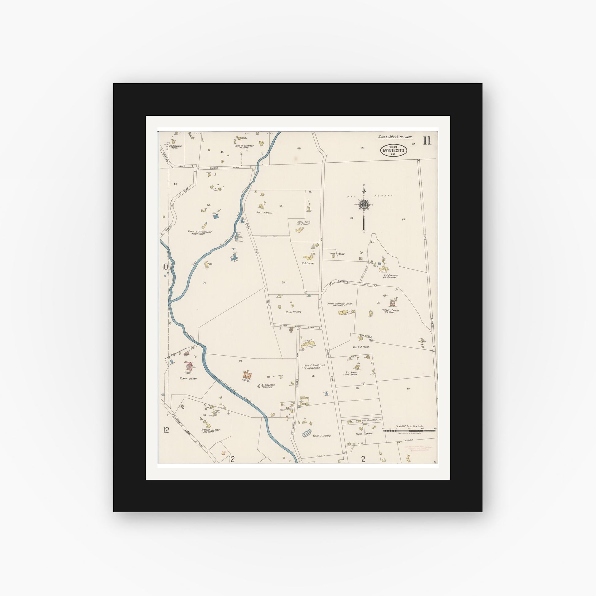 Old map wall art mockup — black gallery frame with white mat — Sanborn Fire Insurance Map from Montecito, Santa Barbara County, California (1918), Sheet #0011