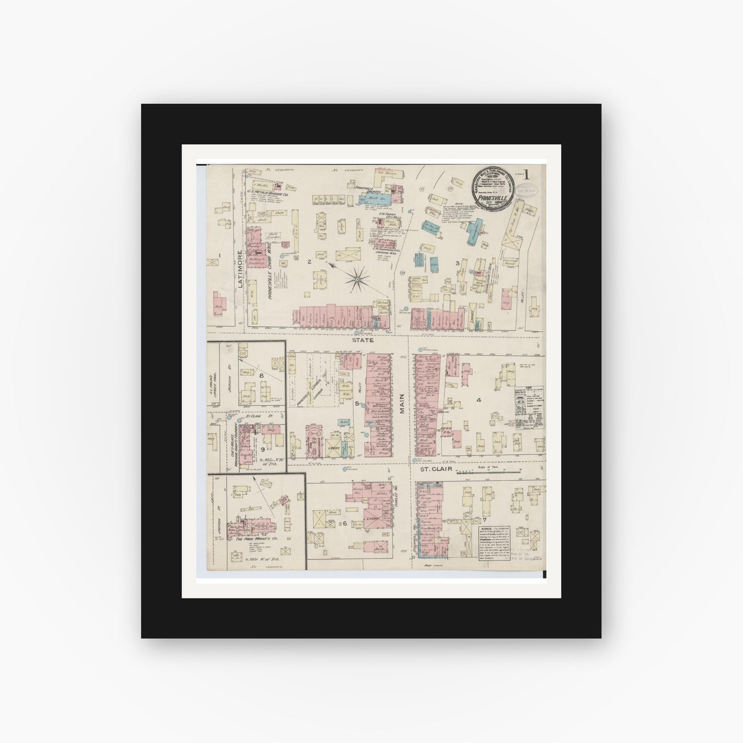 Old map wall art mockup — black gallery frame with white mat — Sanborn Fire Insurance Map from Painesville, Lake County, Ohio (1884), Sheet #0001
