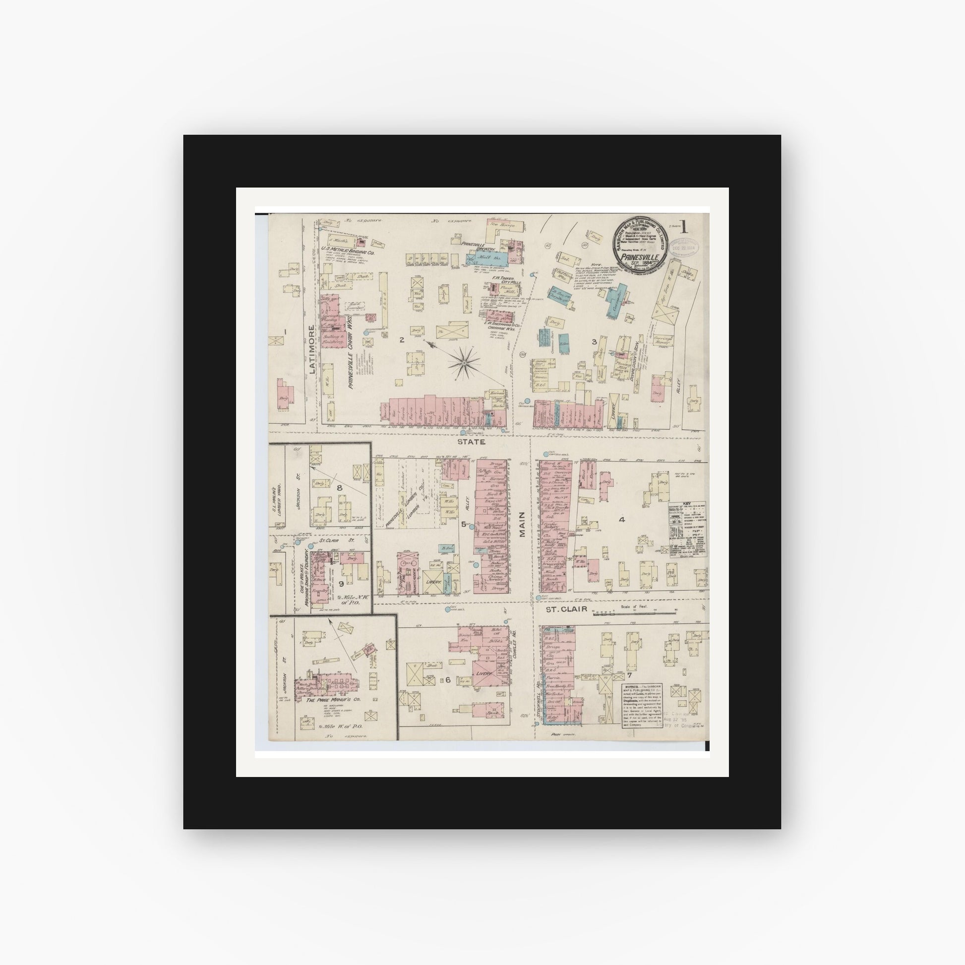 Old map wall art mockup — black gallery frame with white mat — Sanborn Fire Insurance Map from Painesville, Lake County, Ohio (1884), Sheet #0001