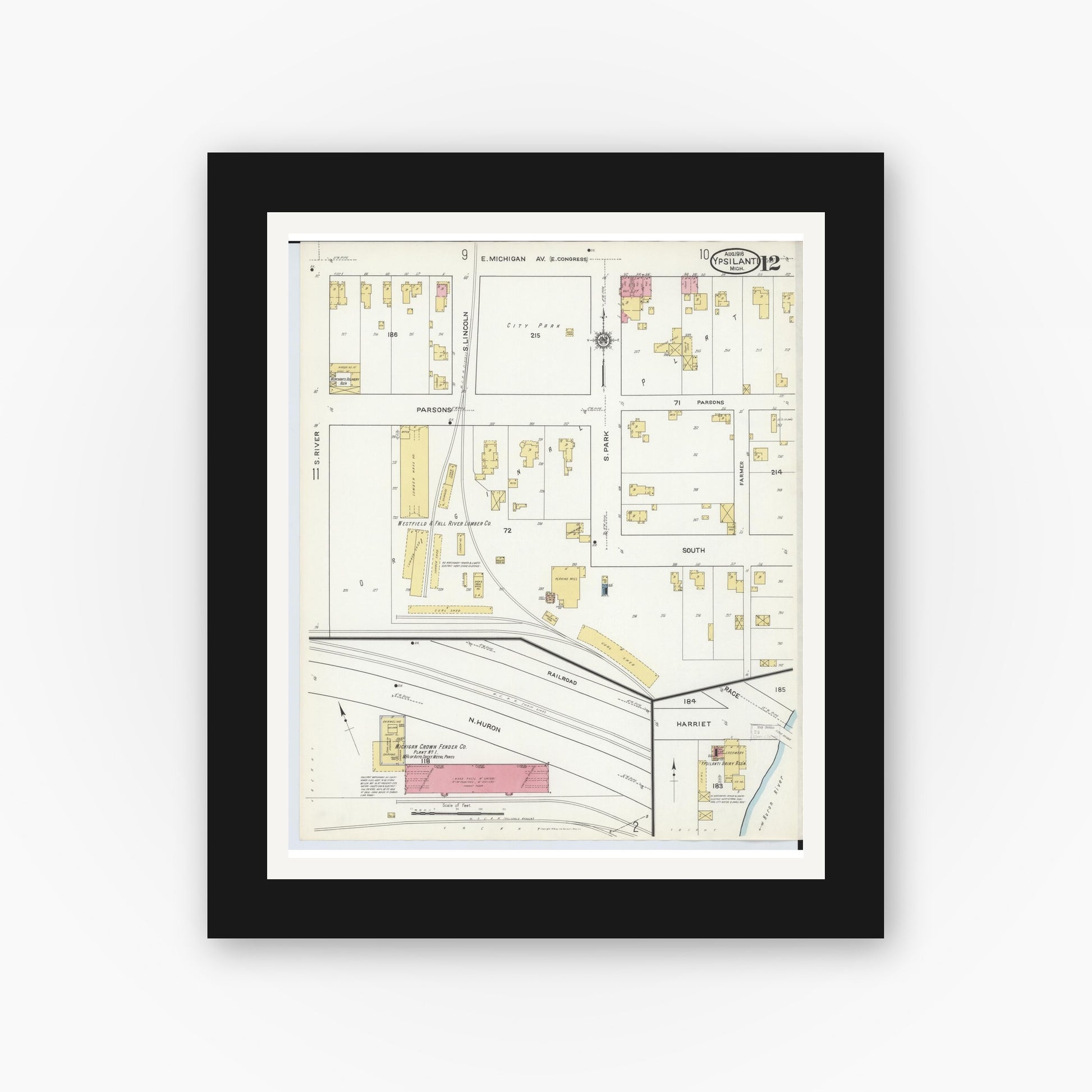 Old map wall art mockup — black gallery frame with white mat — Sanborn Fire Insurance Map from Ypsilanti, Washtenaw County, Michigan (1916), Sheet #0012
