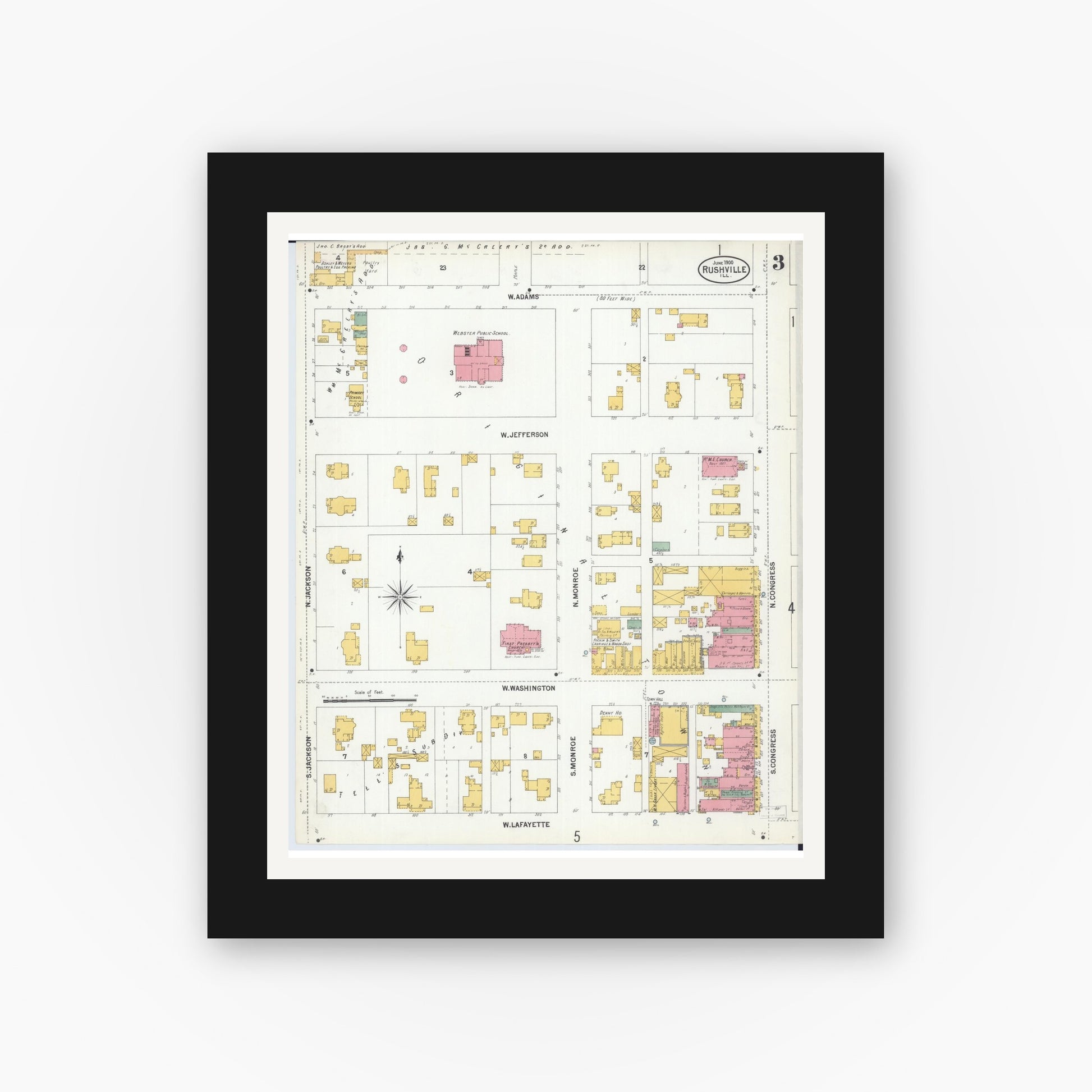 Old map wall art mockup — black gallery frame with white mat — Sanborn Fire Insurance Map from Rushville, Schuyler County, Illinois (1900), Sheet #0003