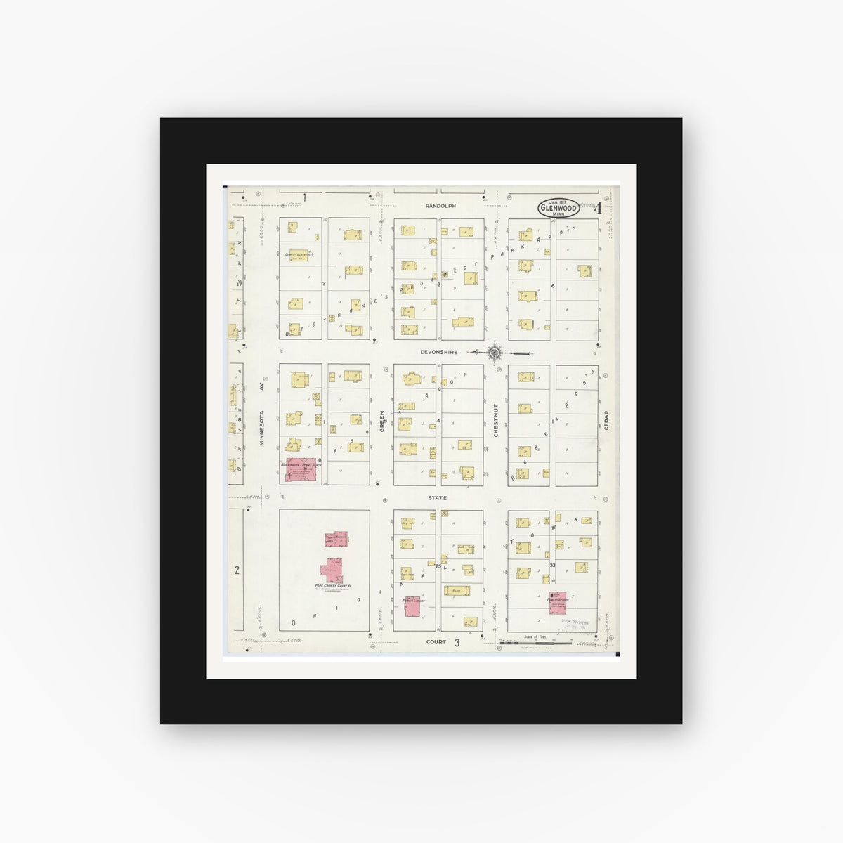 Old map wall art mockup — black gallery frame with white mat — Sanborn Fire Insurance Map from Glenwood, Pope County, Minnesota (1917), Sheet #0004