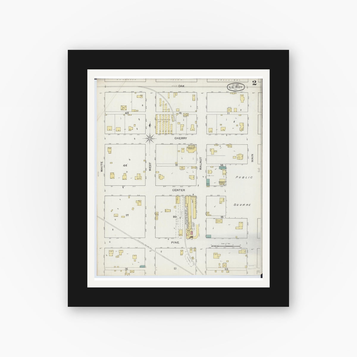 Old map wall art mockup — black gallery frame with white mat — Sanborn Fire Insurance Map from Leroy, McLean County, Illinois (1893), Sheet #0002
