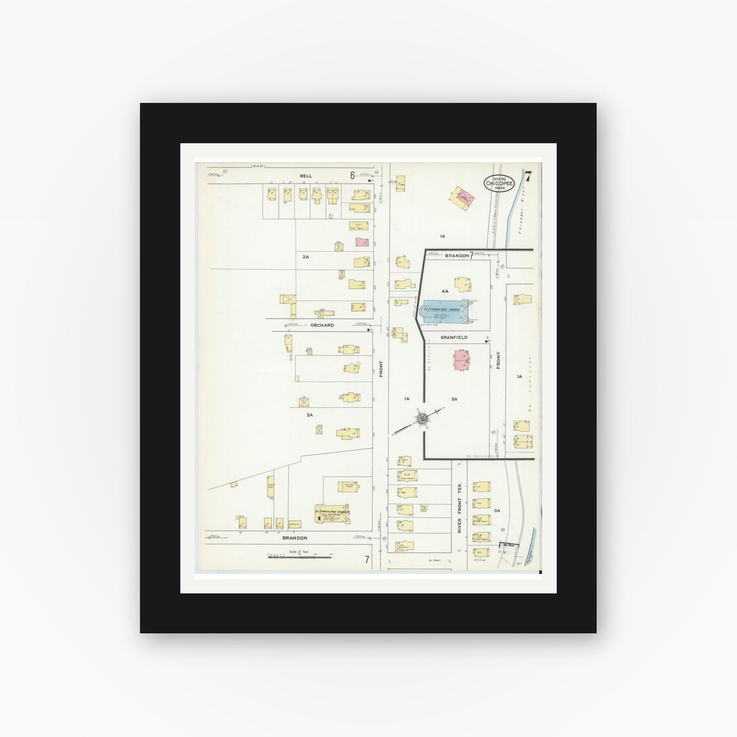 Old map wall art mockup — black gallery frame with white mat — Sanborn Fire Insurance Map from Chicopee, Hampden County, Massachusetts (1910), Sheet #0007