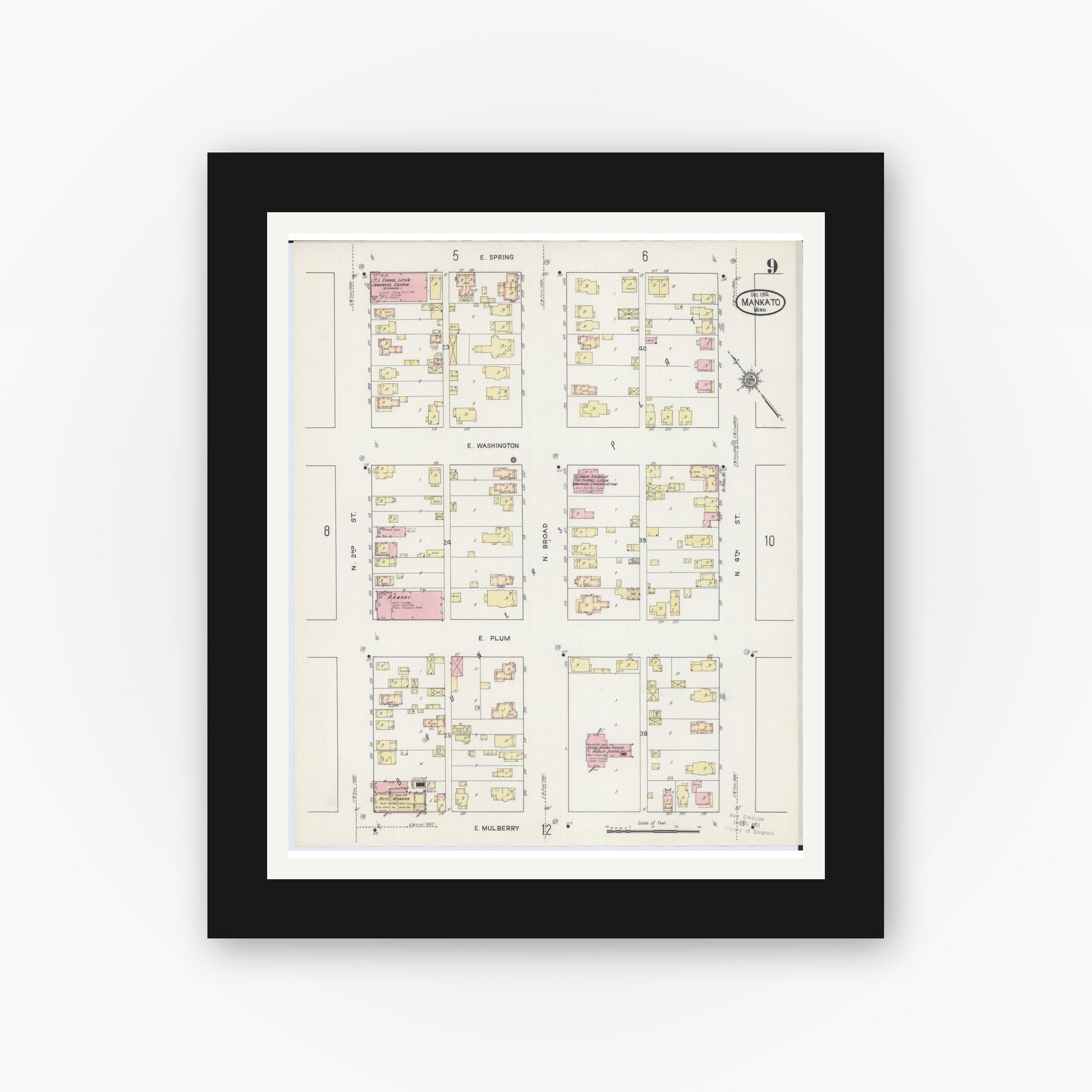 Old map wall art mockup — black gallery frame with white mat — Sanborn Fire Insurance Map from Mankato, Blue Earth County, Minnesota (1914), Sheet #0009