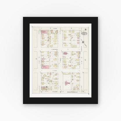 Old map wall art mockup — black gallery frame with white mat — Sanborn Fire Insurance Map from Mankato, Blue Earth County, Minnesota (1914), Sheet #0009
