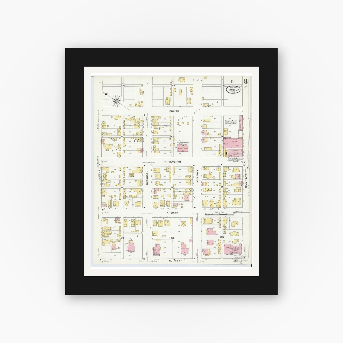 Old map wall art mockup — black gallery frame with white mat — Sanborn Fire Insurance Map from Ironton, Lawrence County, Ohio (1909), Sheet #0008