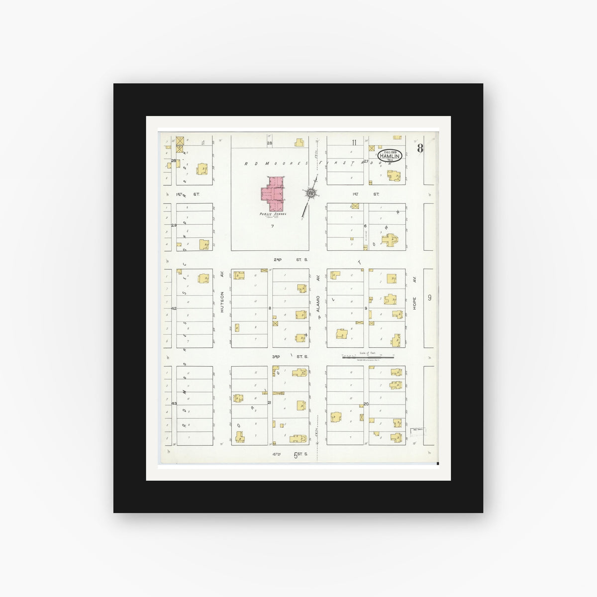 Old map wall art mockup — black gallery frame with white mat — Sanborn Fire Insurance Map from Hamlin, Jones County, Texas (1919), Sheet #0008