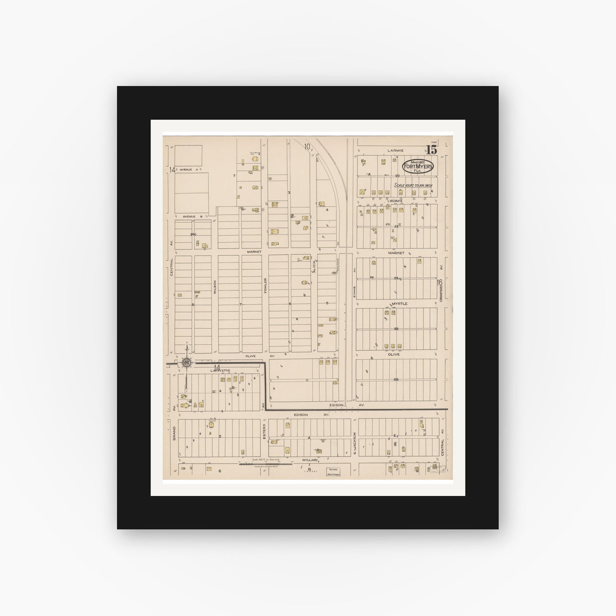 Old map wall art mockup — black gallery frame with white mat — Sanborn Fire Insurance Map from Fort Myers, Lee County, Florida (1922), Sheet #0015