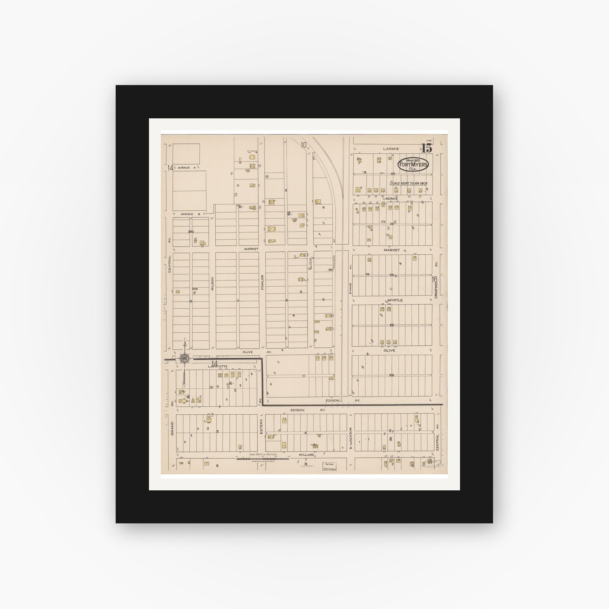 Old map wall art mockup — black gallery frame with white mat — Sanborn Fire Insurance Map from Fort Myers, Lee County, Florida (1922), Sheet #0015