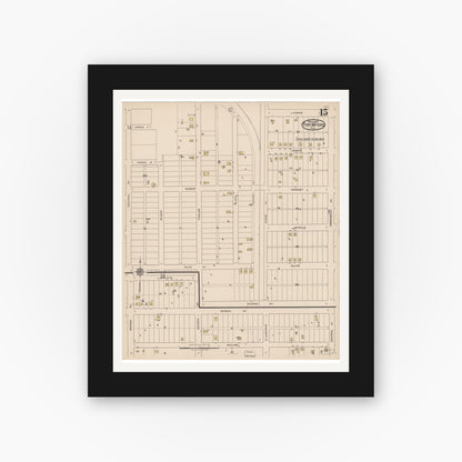 Old map wall art mockup — black gallery frame with white mat — Sanborn Fire Insurance Map from Fort Myers, Lee County, Florida (1922), Sheet #0015