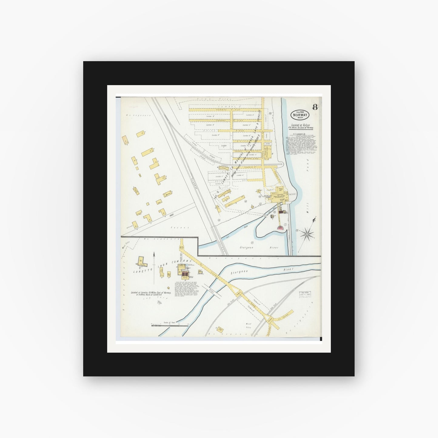 Old map wall art mockup — black gallery frame with white mat — Sanborn Fire Insurance Map from Norway, Dickinson County, Michigan (1900), Sheet #0008