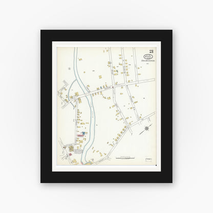 Old map wall art mockup — black gallery frame with white mat — Sanborn Fire Insurance Map from Athol, Worcester County, Massachusetts (1917), Sheet #0021