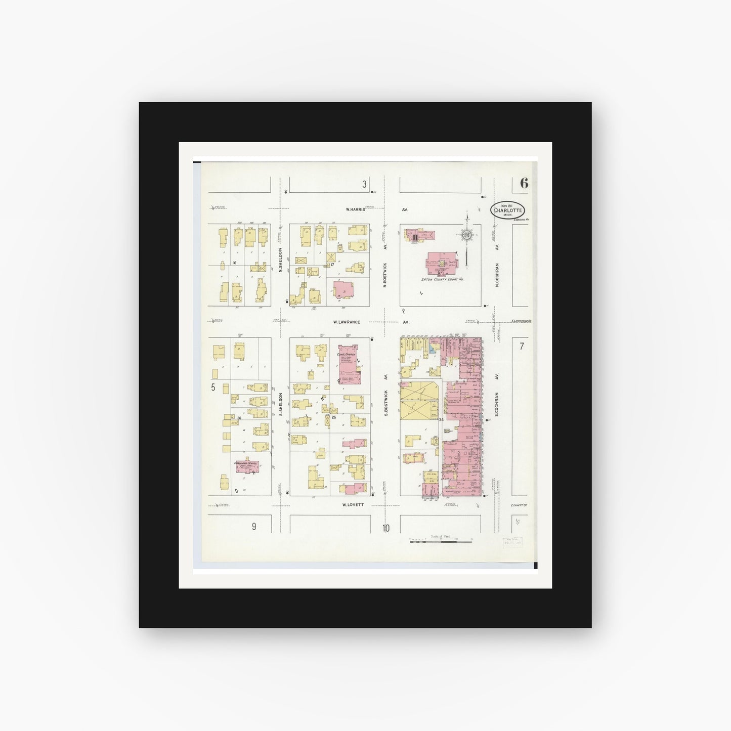 Old map wall art mockup — black gallery frame with white mat — Sanborn Fire Insurance Map from Charlotte, Eaton County, Michigan (1911), Sheet #0006