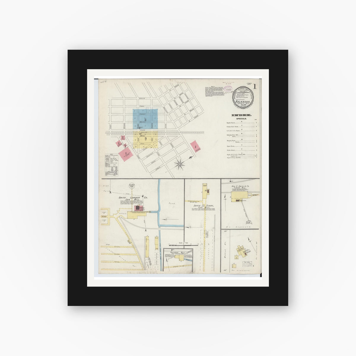 Old map wall art mockup — black gallery frame with white mat — Sanborn Fire Insurance Map from Kalkaska, Kalkaska County, Michigan (1893) - Complete Map Set