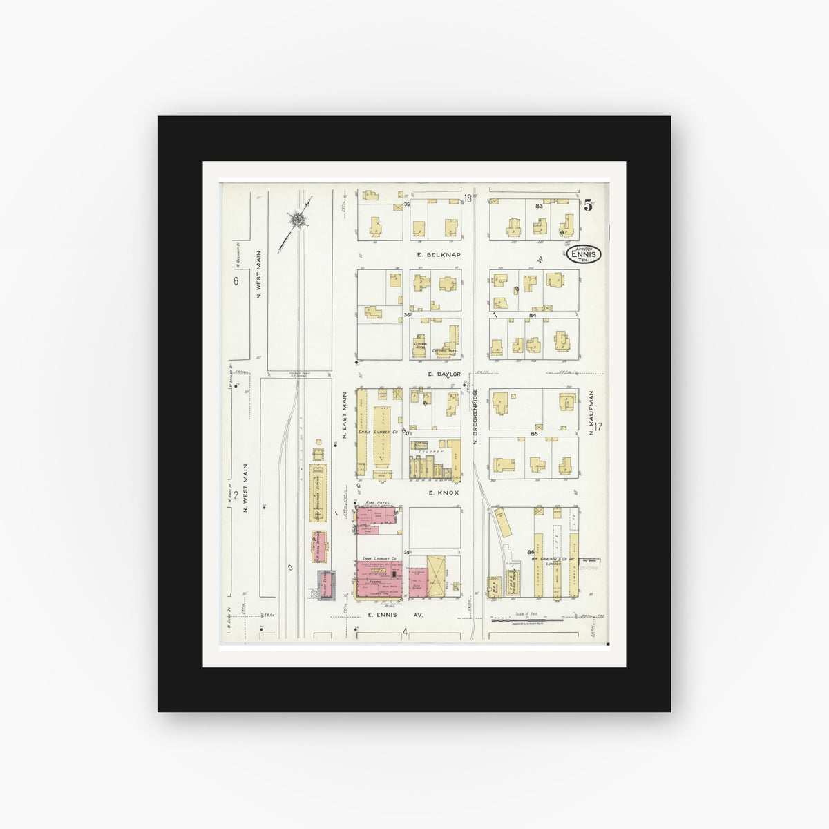 Old map wall art mockup — black gallery frame with white mat — Sanborn Fire Insurance Map from Ennis, Ellis County, Texas (1920), Sheet #0005