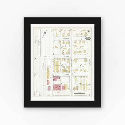 Old map wall art mockup — black gallery frame with white mat — Sanborn Fire Insurance Map from Ennis, Ellis County, Texas (1920), Sheet #0005