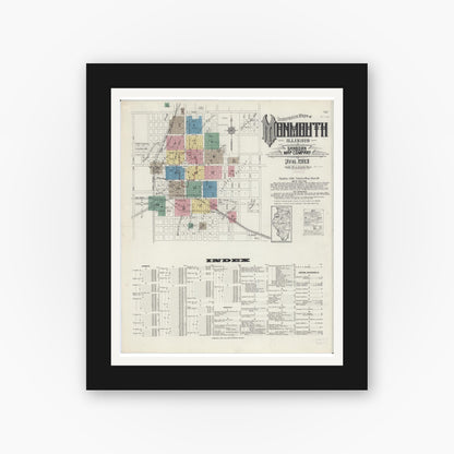 Old map wall art mockup — black gallery frame with white mat — Sanborn Fire Insurance Map from Monmouth, Warren County, Illinois (1913) - Complete Map Set